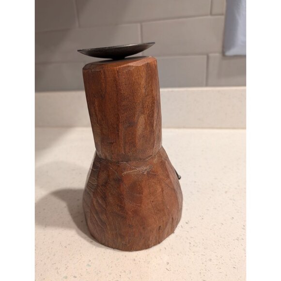 Hand-Carved Wooden Candle Holder with Metal Accent Rustic - Picture 3 of 16
